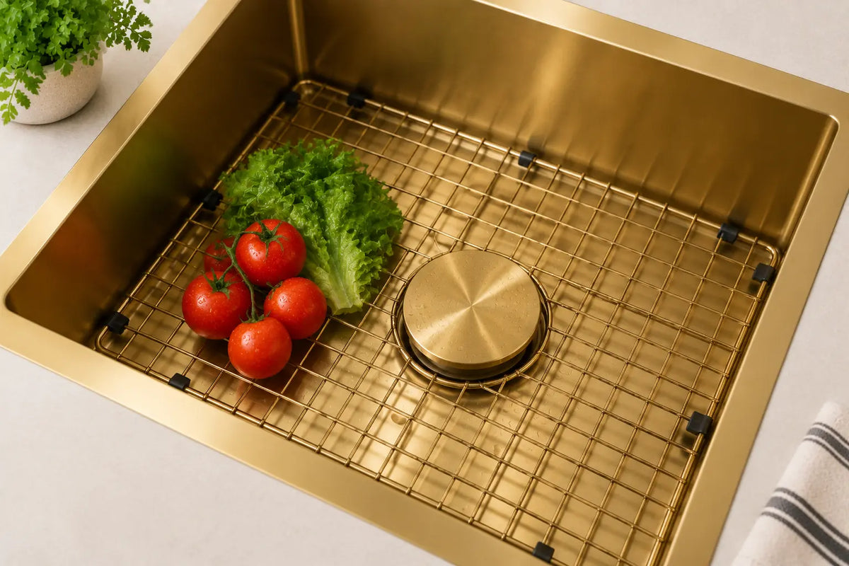 LQS kitchen sink with bottom grid accessory to protect sink surface and improve drainage