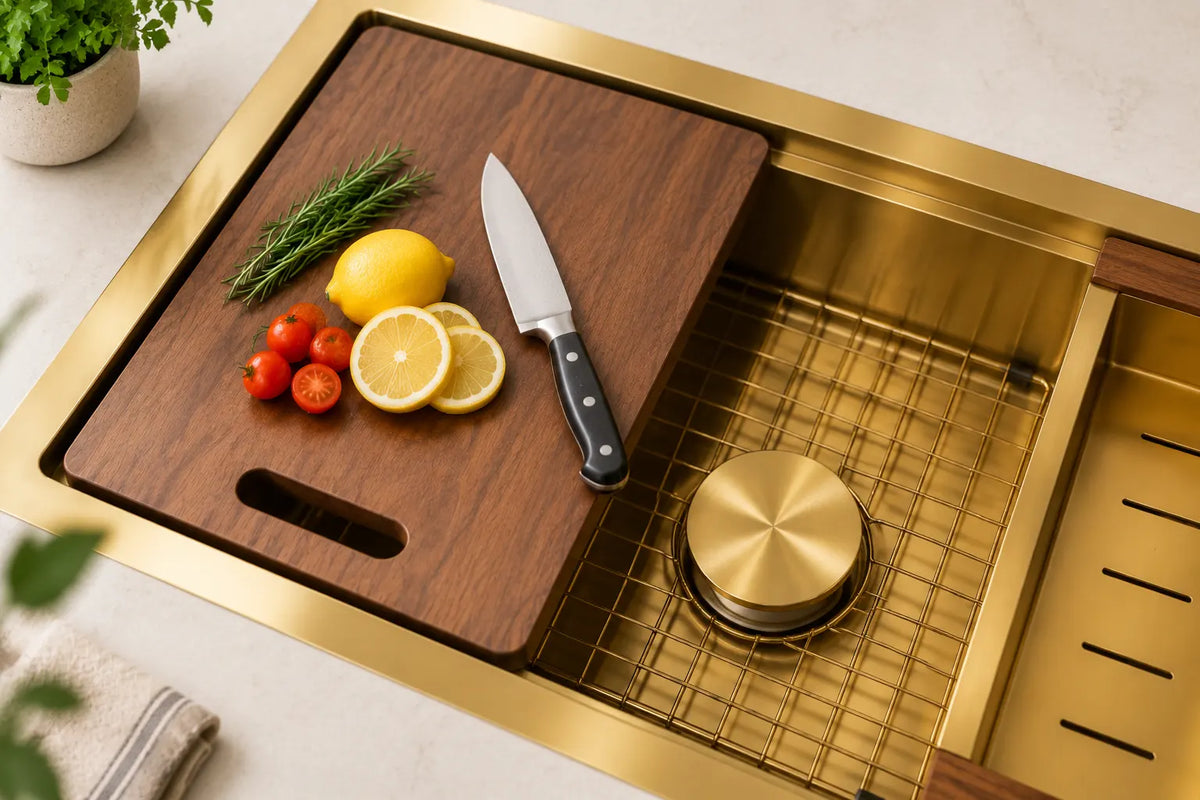 LQS workstation sink with wooden cutting board accessory for expanded kitchen prep space
