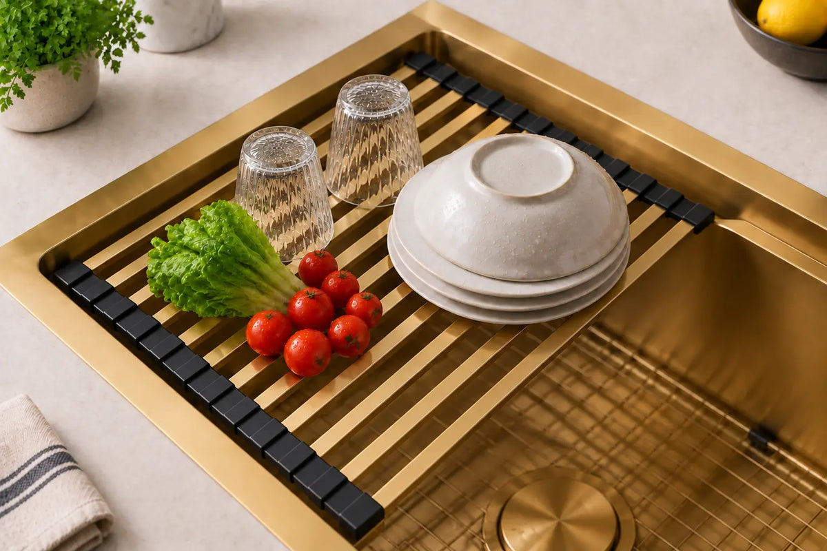LQS sink with roll-up drying rack accessory for drying dishes and preparing food