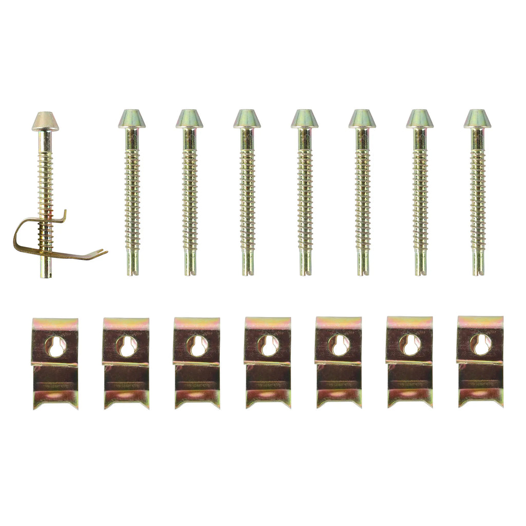 Eight top-mount sink clips with eight mounting screws on a white background