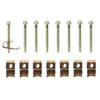 Eight top-mount sink clips with eight mounting screws on a white background