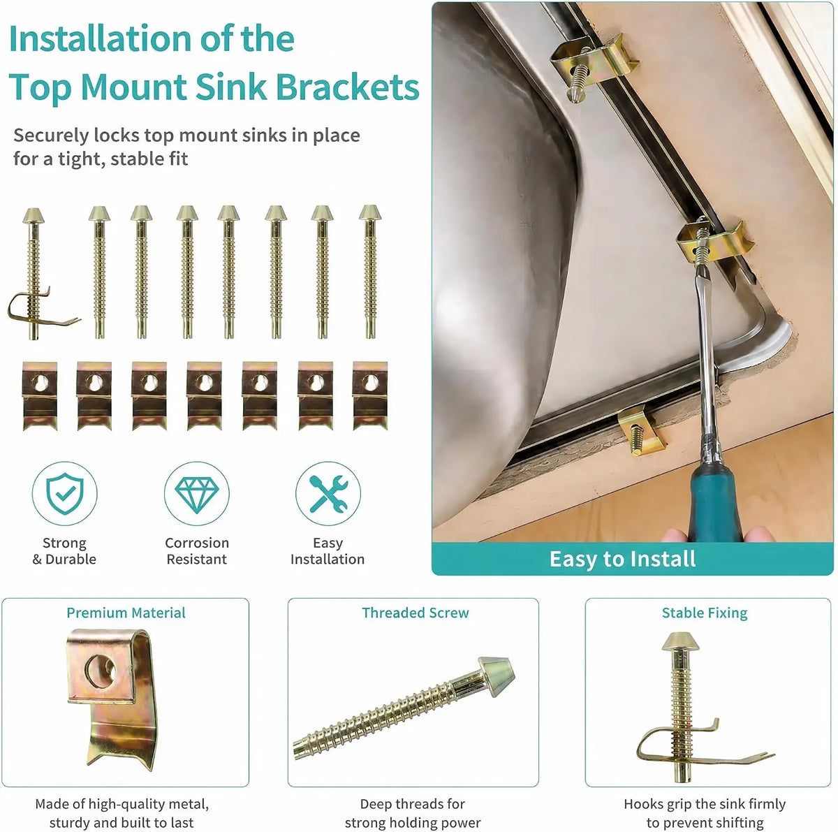 Top-mount sink clips securing a drop-in sink to the countertop from below
