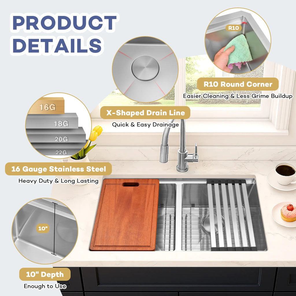 16 gauge stainless steel kitchen sink with R10 corners and X-shaped drain lines