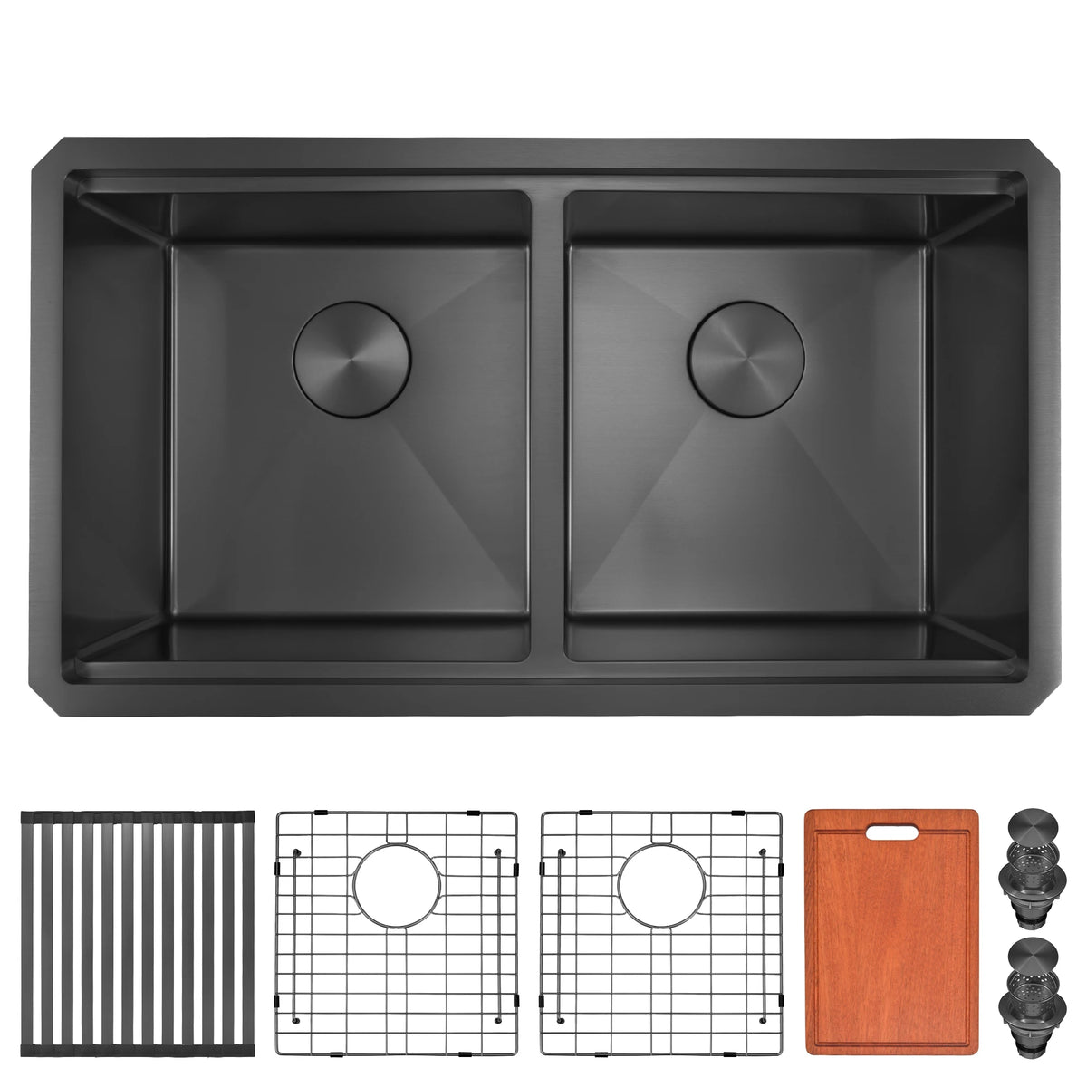 Black 32 inch double bowl workstation kitchen sink with accessories