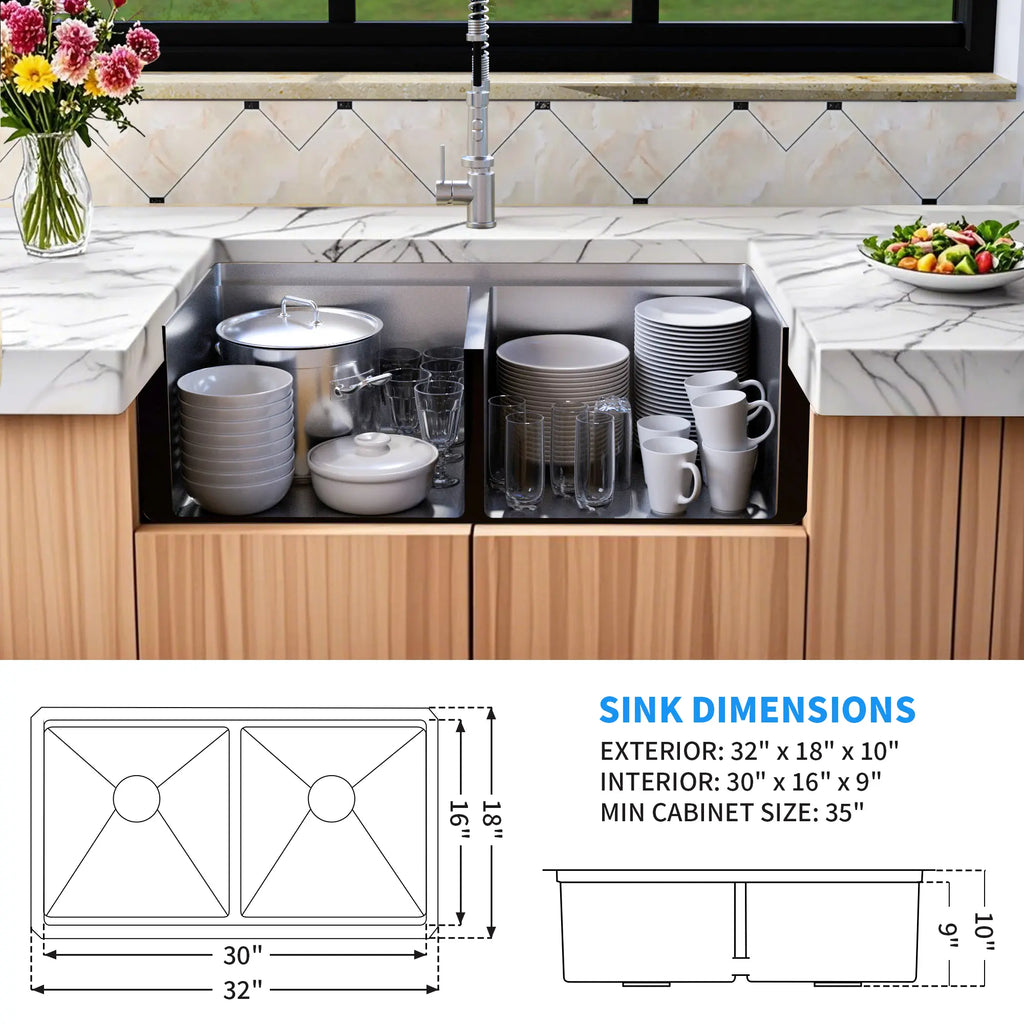 32 by 18 inch double bowl kitchen sink with 10 inch depth and 35 inch minimum cabinet size