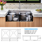 32 by 18 inch double bowl kitchen sink with 10 inch depth and 35 inch minimum cabinet size