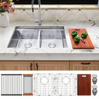 Stainless steel double bowl kitchen sink installed in a countertop