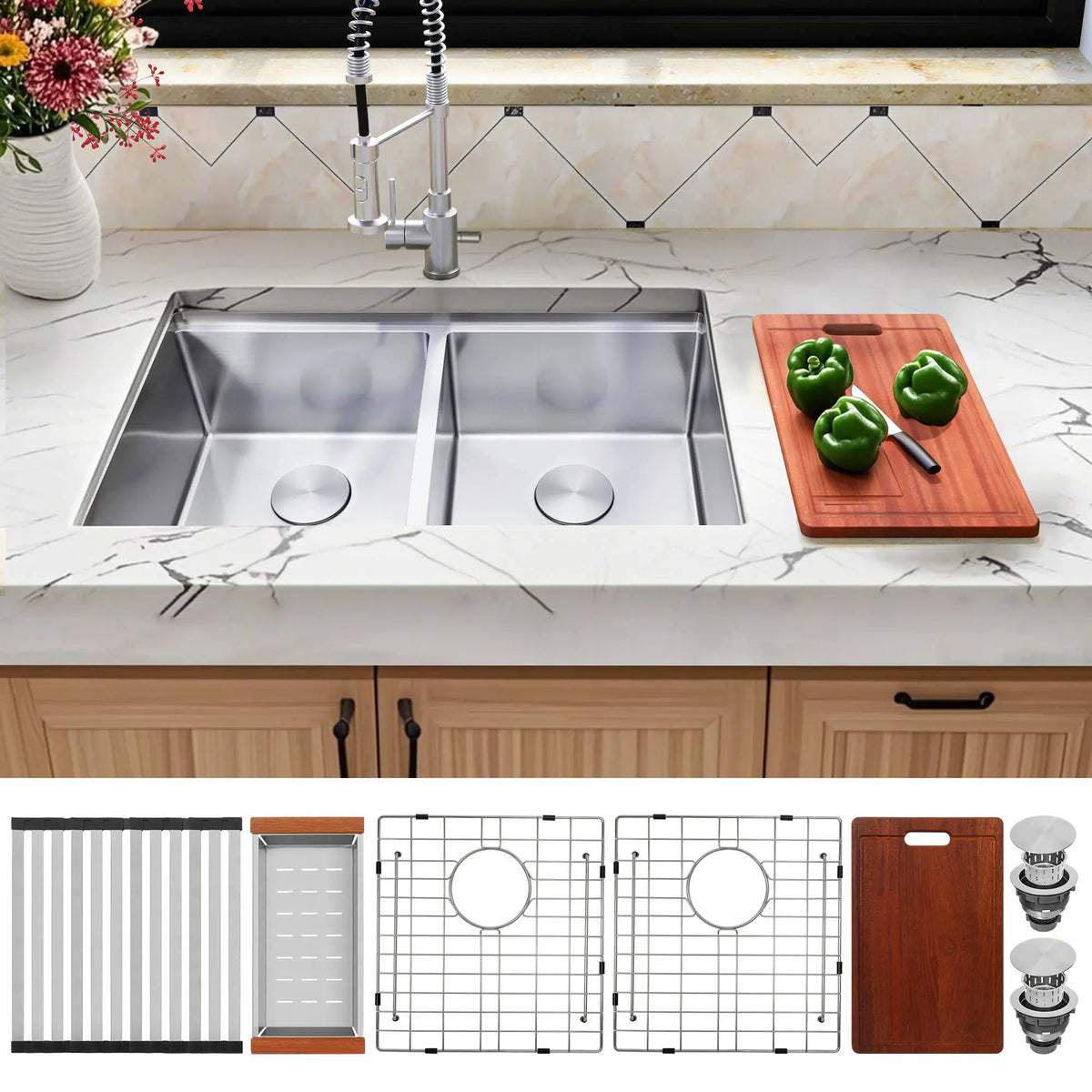 Stainless steel double bowl kitchen sink installed in a countertop