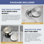 Removable basket drain strainers and protective bottom grids included with kitchen sink