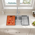 Stainless steel double bowl workstation kitchen sink with cutting board and drying rack