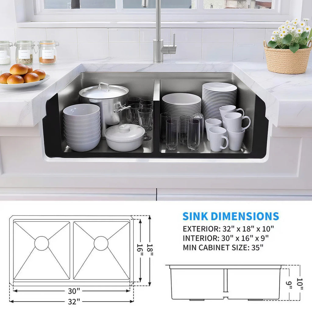 Double bowl workstation kitchen sink with cutting board roll-up rack colander and bottom grids
