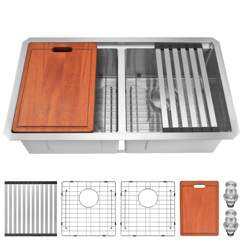 Stainless steel double bowl workstation kitchen sink with integrated accessories