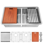 Stainless steel double bowl workstation kitchen sink with integrated accessories