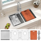 Overhead view of stainless steel double bowl workstation sink with cutting board and drying rack