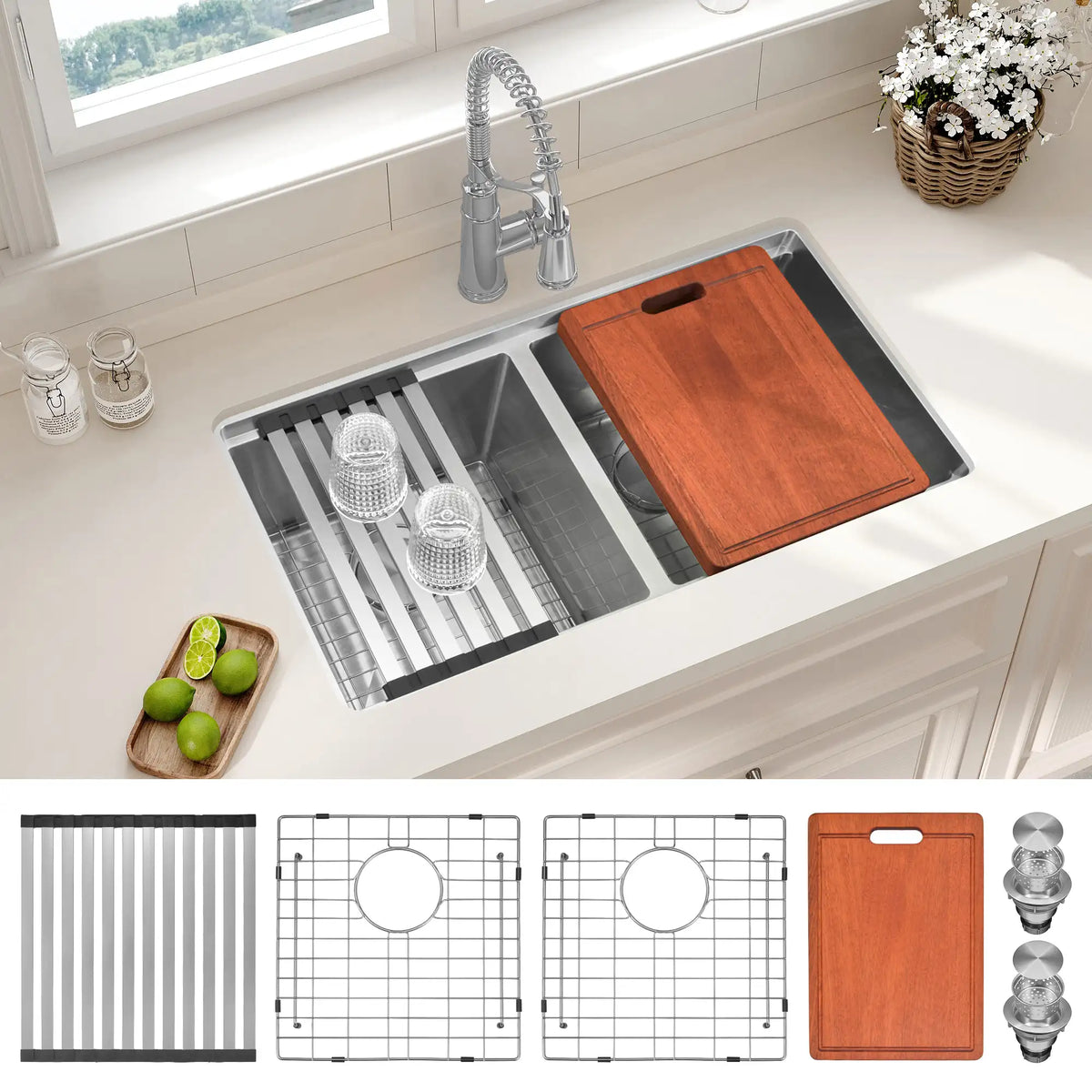 Overhead view of stainless steel double bowl workstation sink with cutting board and drying rack