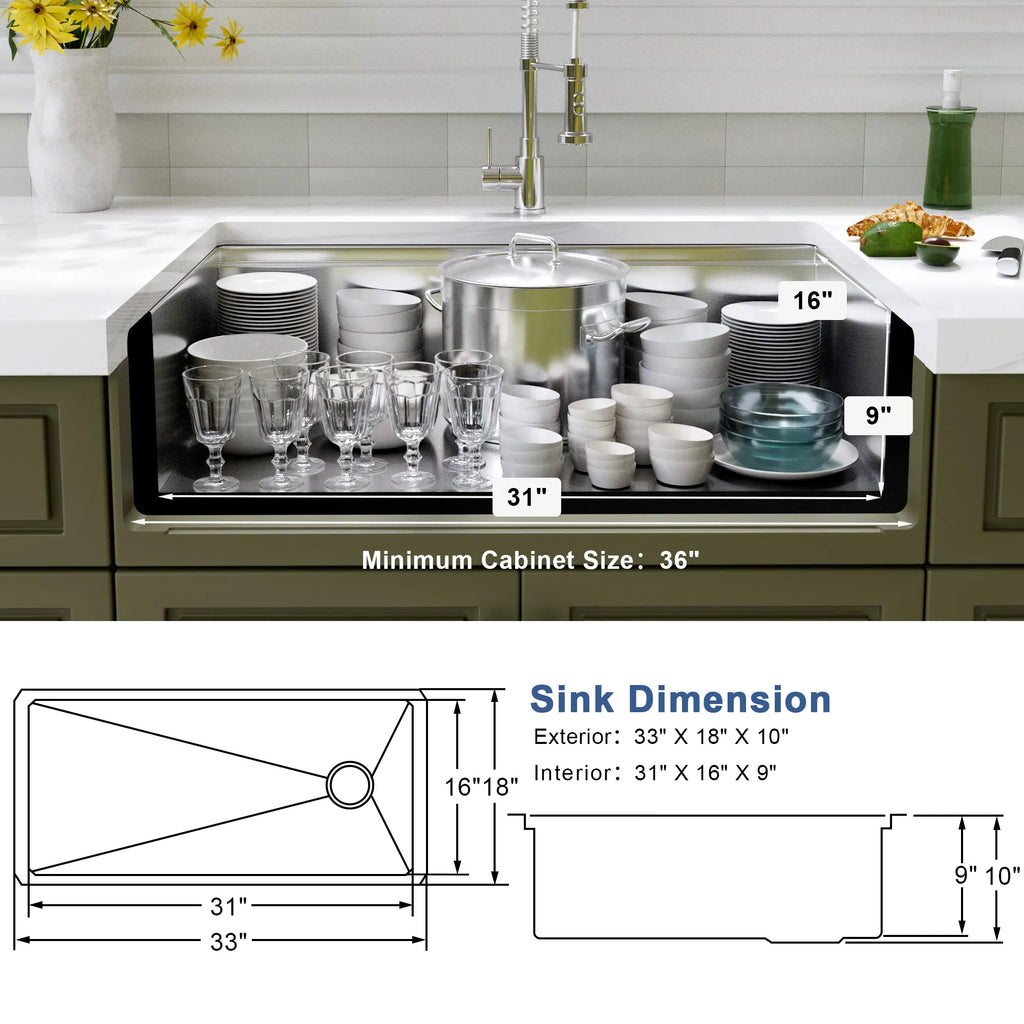 TXT331810S 33 x 18 inch workstation kitchen sink dimensions with 31 x 16 x 9 inch bowl