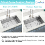 Offset drain workstation kitchen sink with left or right drain installation