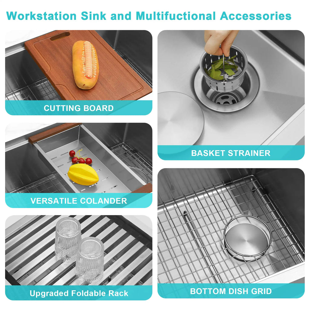 Workstation sink accessories including cutting board colander drying rack bottom grid and basket strainer