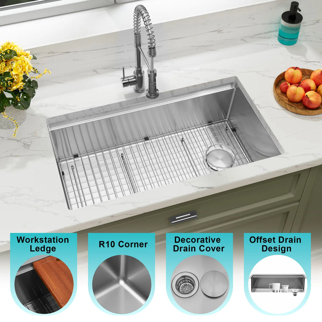 Workstation kitchen sink with R10 corners decorative drain cover and offset drain