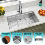 Workstation kitchen sink with R10 corners decorative drain cover and offset drain