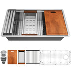 33 inch workstation kitchen sink with cutting board colander drying rack bottom grid and basket strainer
