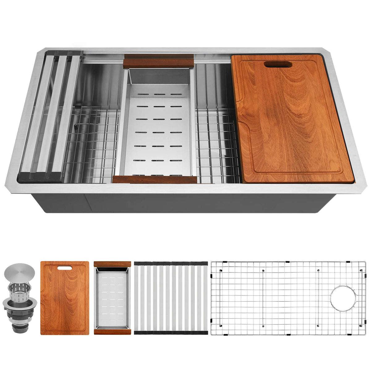 33 inch workstation kitchen sink with cutting board colander drying rack bottom grid and basket strainer
