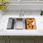 Stainless steel workstation kitchen sink with cutting board drying rack and colander