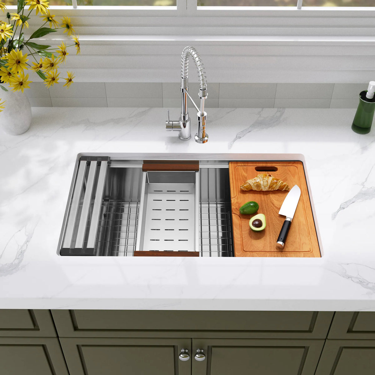 Stainless steel workstation kitchen sink with cutting board drying rack and colander