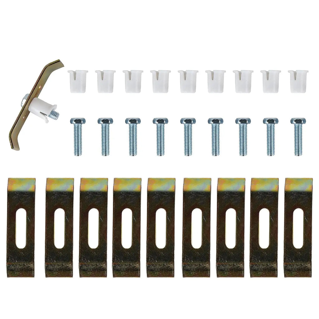 Undermount sink clip kit with ten mounting brackets, screws, and nylon expansion sleeves