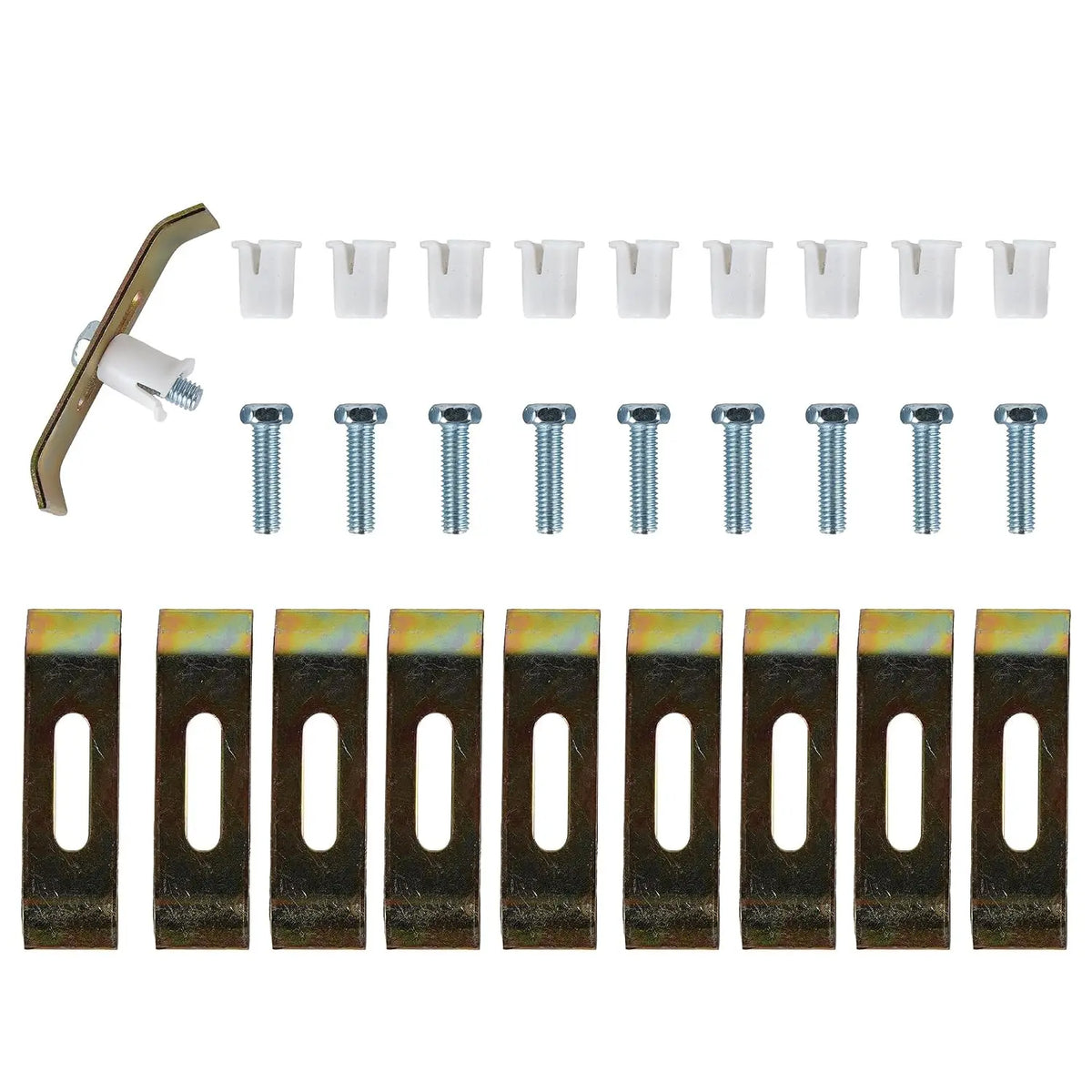 Undermount sink clip kit with ten mounting brackets, screws, and nylon expansion sleeves